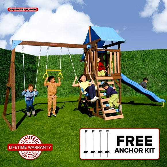 Sportspower Rosemont Wooden Swing Set with 2 Belt Swings, Trapeze, Play Fort with Rock Climber, Bench with Table, Sandbox, Lifetime Warranty on 8' Slide, & Bonus Anchor Kit, for Kids Aged 3-8