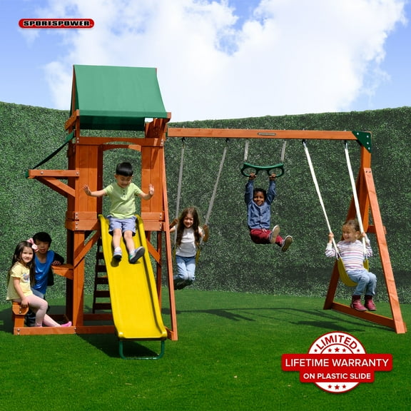 Sportspower Roseville Wooden Swing Set with Play Fort, Bench with Table, Sandbox, Trapeze, and 6' Slide