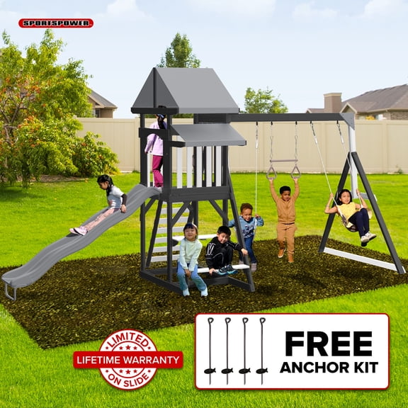 Sportspower Roswell Wooden Swing Set with 2 Swings, Trapeze, Play Fort with Rock Climber, Bench with Table, Sandbox, and Lifetime Warranty on 8' Slide, Bonus 4-Piece Anchor Kit