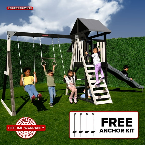 Sportspower Roswell Wooden Swing Set with 2 Swings, Trapeze, Play Fort with Rock Climber, Bench with Table, Sandbox, and Lifetime Warranty on 8' Slide, Bonus 4-Piece Anchor Kit