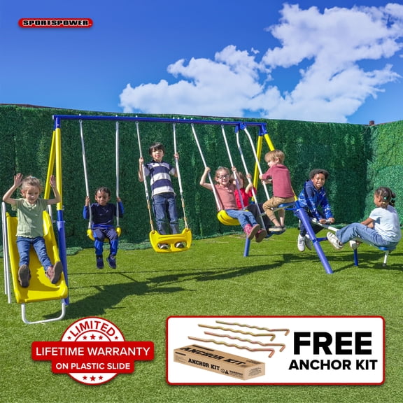 Sportspower Royal Fun Metal Swing Set with 2 Swings, Standing Swing, 2 person Roman Glider Swing, & 5' Slide with Lifetime Warranty, Bonus Anchor Kit Included, For Ages 3-8