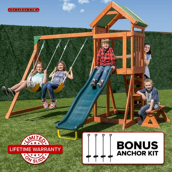 Sportspower Scottsdale Wood Swing Set with 2 Adjustable Belt Swings, Play Fort with Sandbox, Rock Climber, & Covered Deck, and 6-FT Slide, BONUS Anchor Kit Included, for Kids Aged 3-8