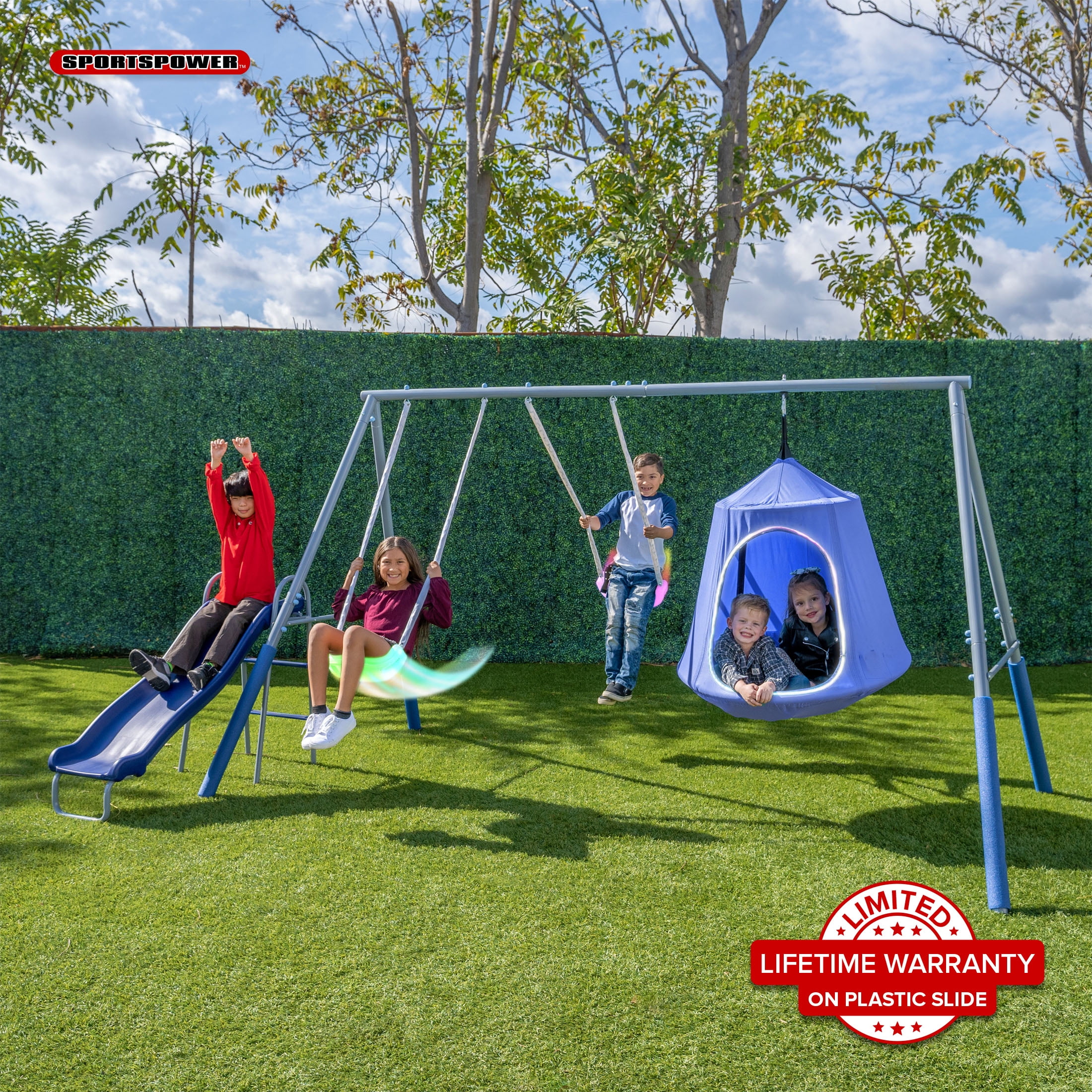 Blue Metal Swing Set with LED Swings and Wave Slide