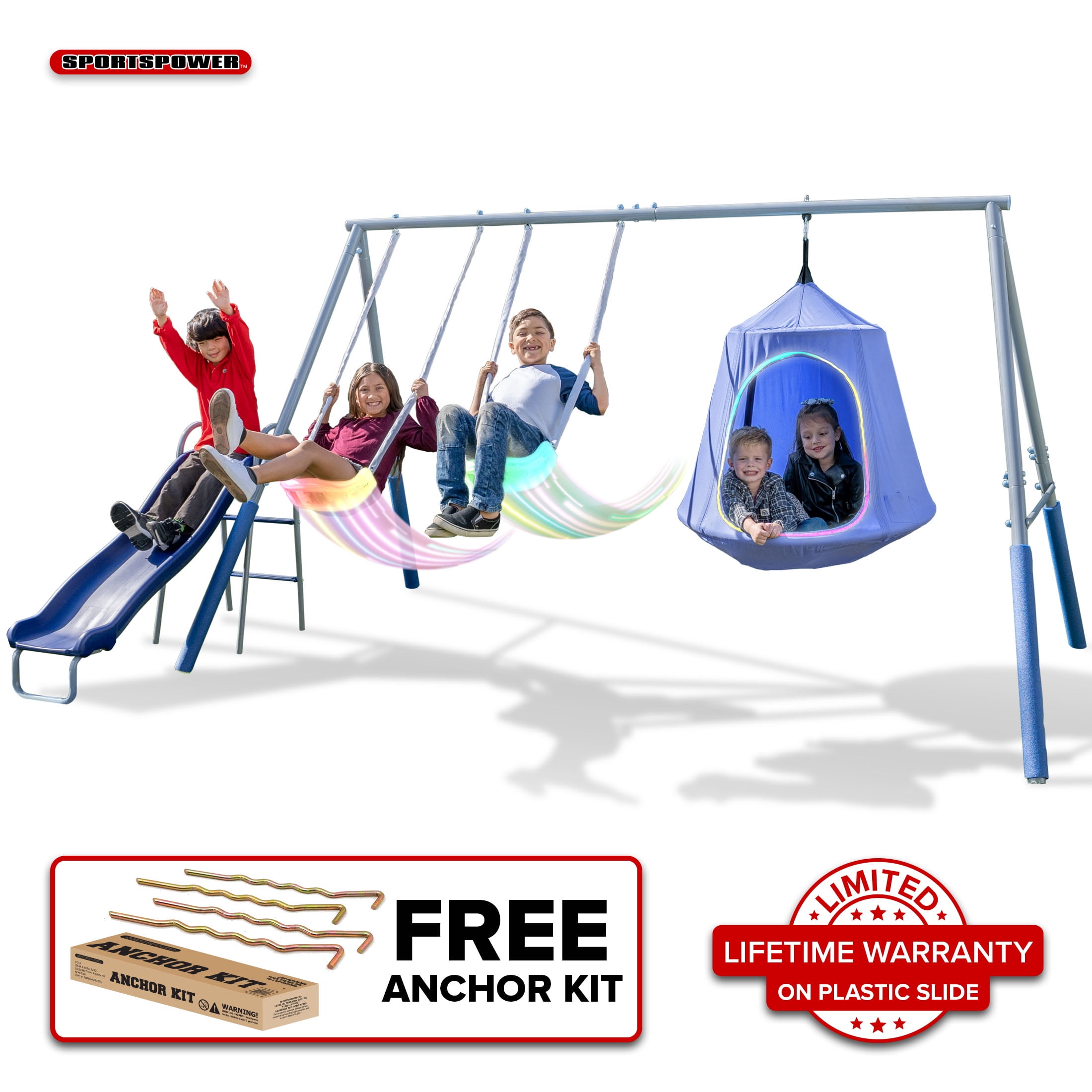Blue Metal Swing Set with LED Swings and Wave Slide