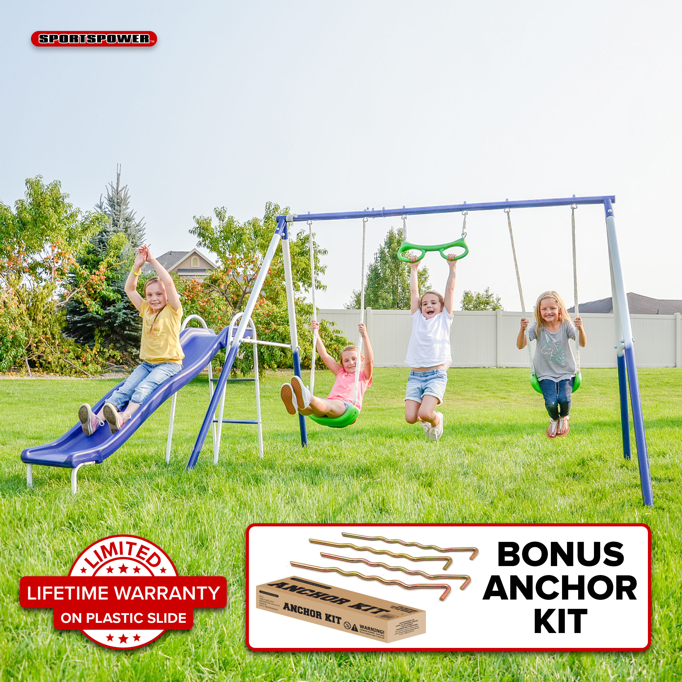 Sportspower Sierra Vista Outdoor Metal Swing Set with Trapeze, Lifetime Warranty on Blow Molded Slide, and Bonus Anchor Kit - image 1 of 12