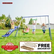 Sportspower Sierra Vista Outdoor Metal Swing Set with Trapeze, on Blow Molded Slide, and Bonus Anchor Kit