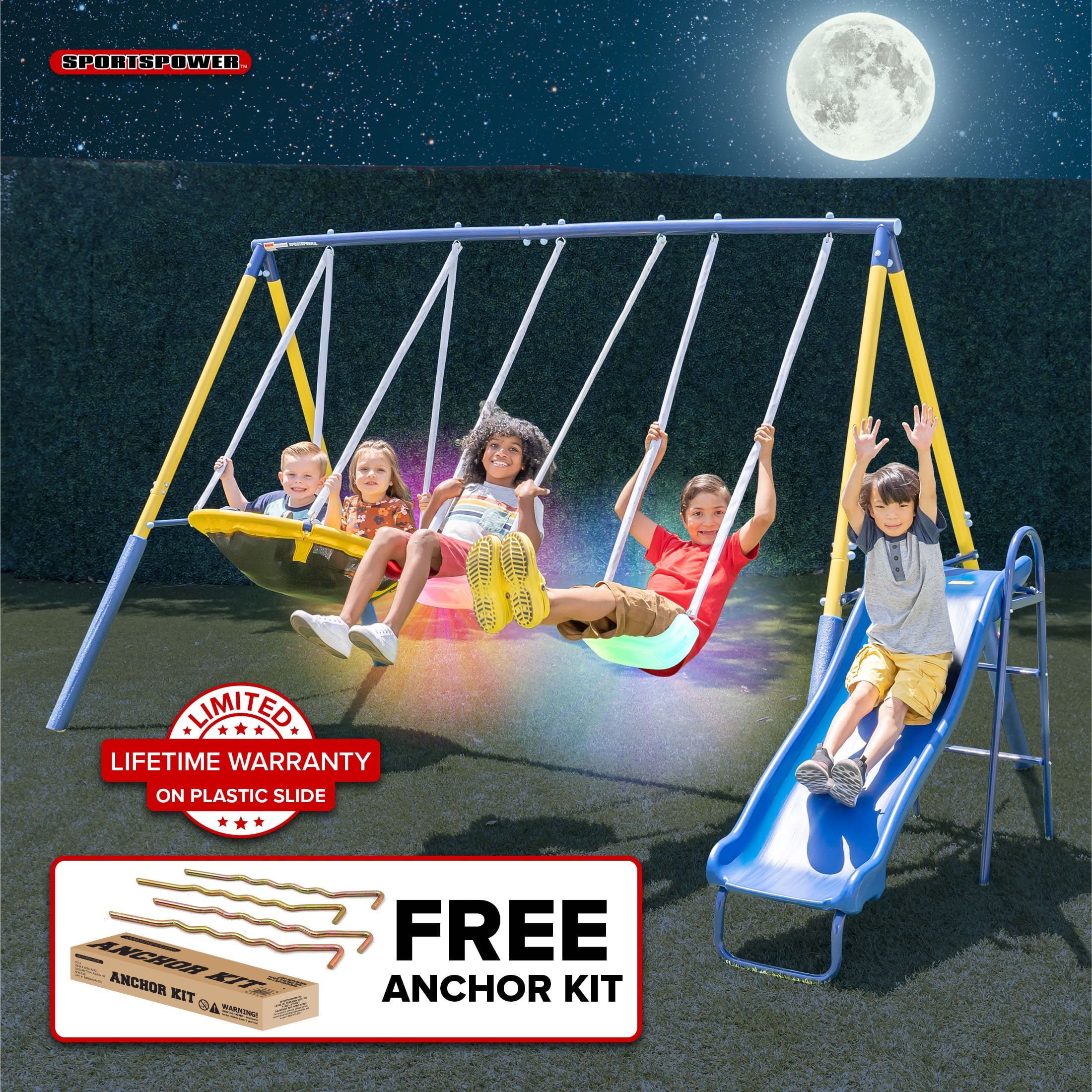 Sportspower Starlight Metal Swing Set with 2 LED Swings & 2-Person Saucer, Lifetime Warranty on 5ft Slide, BONUS Anchor Kit, for Kids Aged 3-8, 500lbs Max Weight Capacity