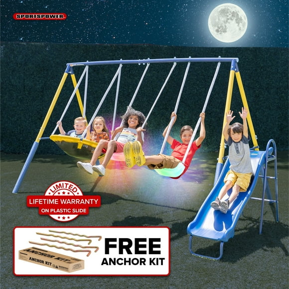 Sportspower Starlight Metal Swing Set with 2 LED Swings, Saucer Swing, Lifetime Warranty on Slide, and Bonus Anchor Kit, for Kids Aged 3-8
