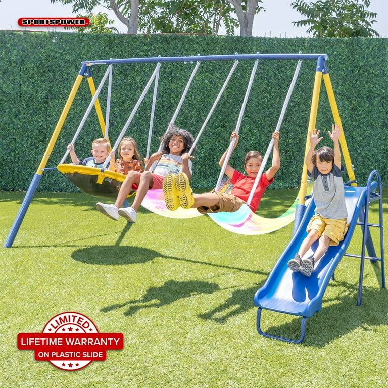 Sportspower Starlight Metal Swing Set with LED Swings Saucer Swing and Slide