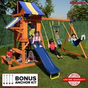 Sportspower Sunnyslope Wooden Swing Set with Play Fort, Trapeze, 6ft Double Wall Slide , Bonus Anchor Kit