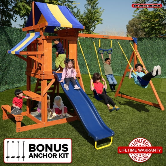 Sportspower Sunnyslope Wooden Swing Set with Play Fort, Trapeze, 6ft Double Wall Slide with Lifetime Warranty, & Bonus Anchor Kit
