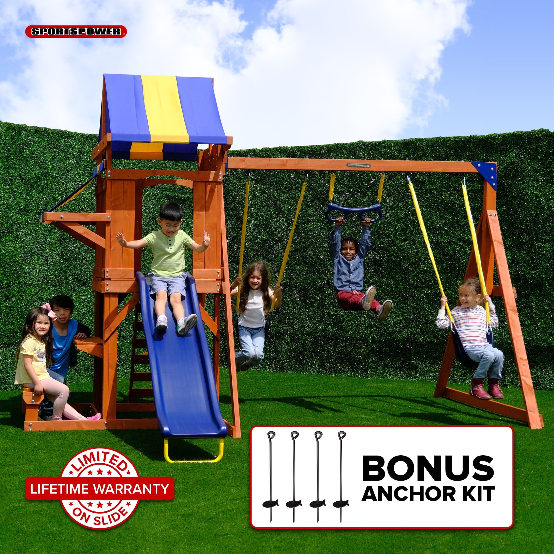 Sportspower Sunnyslope Wooden Swing Set with Play Fort, Trapeze, 6' Double Wall Slide with Lifetime Warranty, & Bonus Anchor Kit