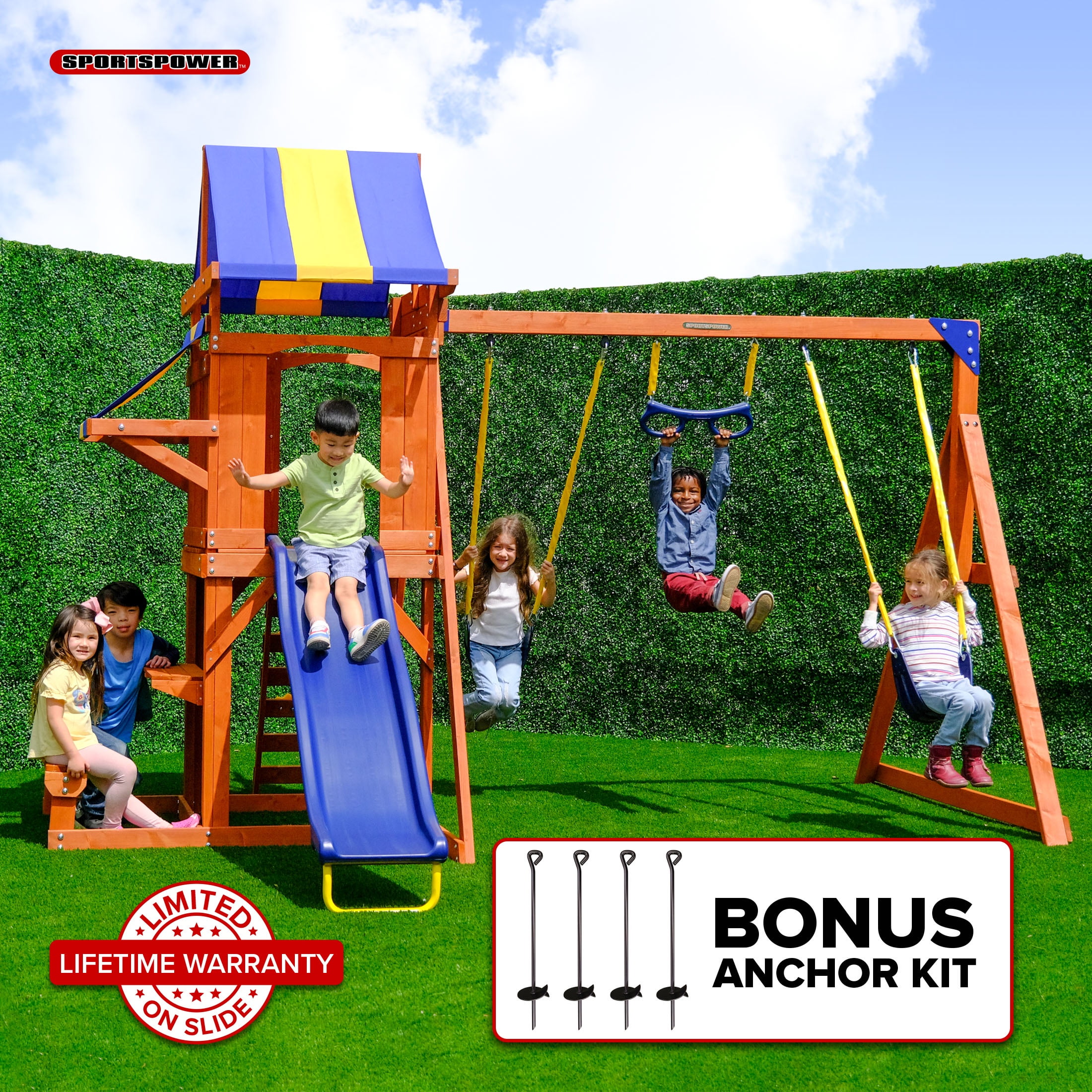 Sportspower Sunnyslope Wooden Swing Set with Play Fort, Trapeze, 6