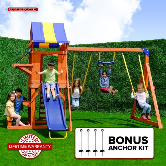 Sportspower Sunnyslope Wooden Swing Set with Play Fort, Trapeze, 6' Double Wall Slide with Lifetime Warranty, & Bonus Anchor Kit