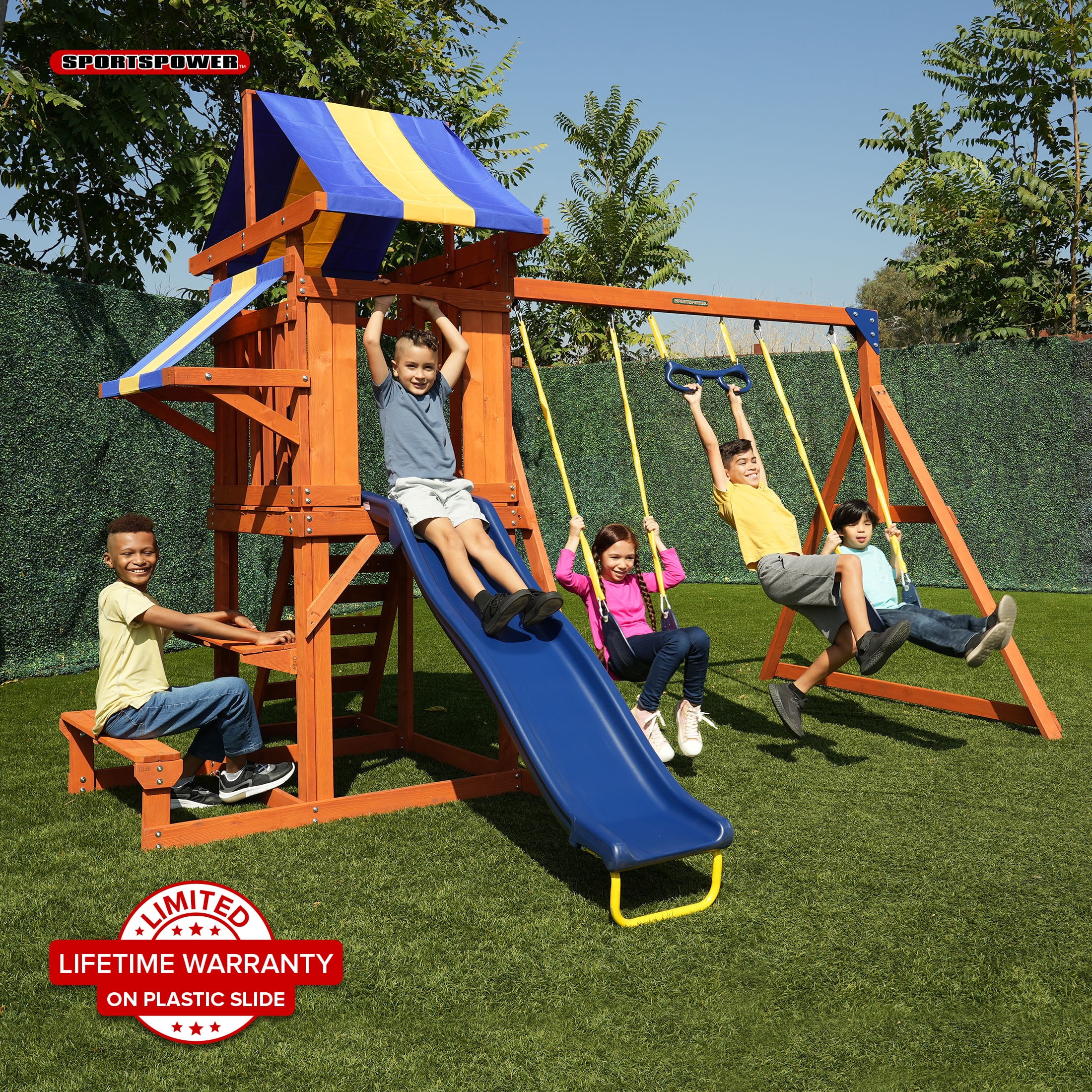 Sportspower Sunnyslope Wooden Swing Set with Play Fort Trapeze