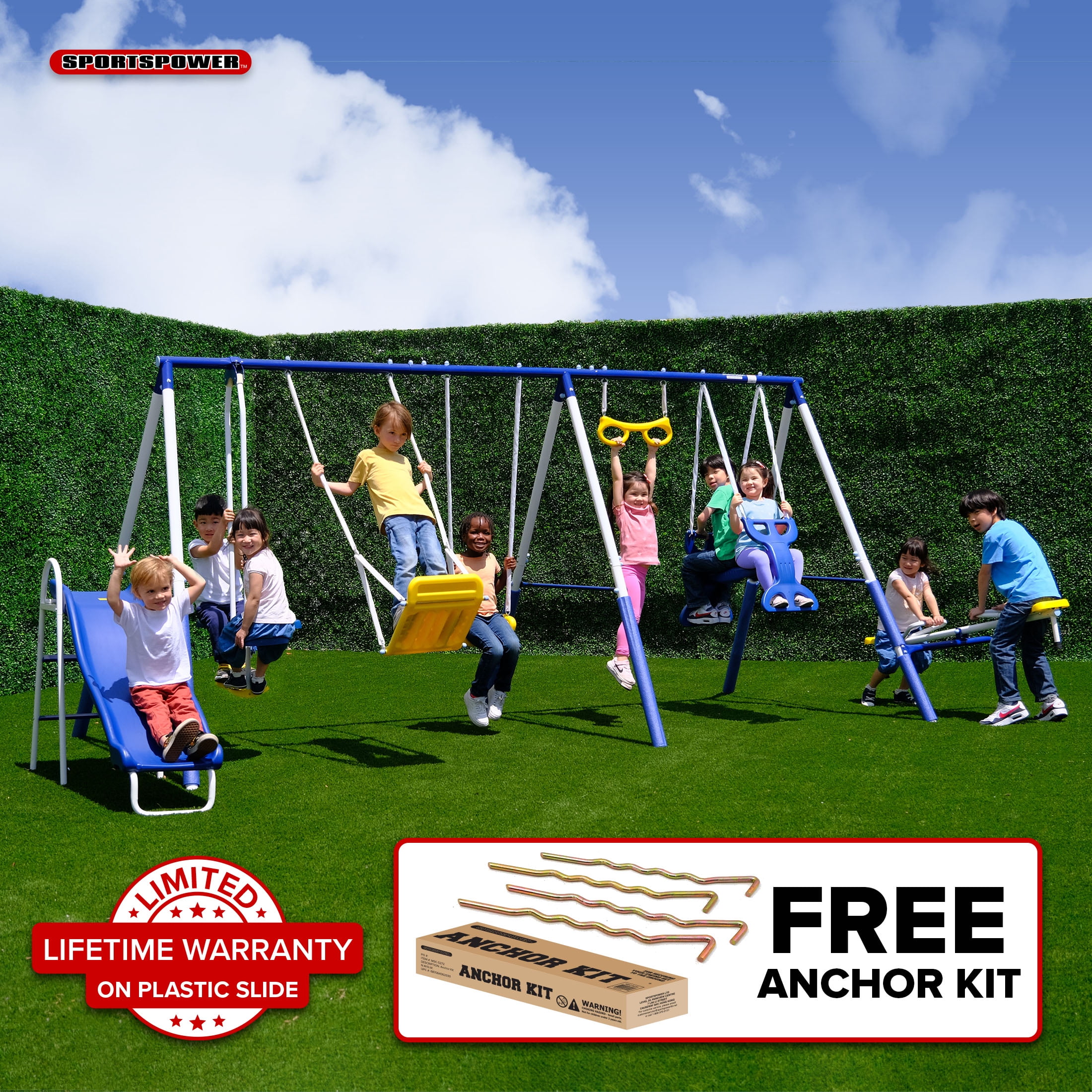 Blue and White Metal Swing Set with Slide and Swings