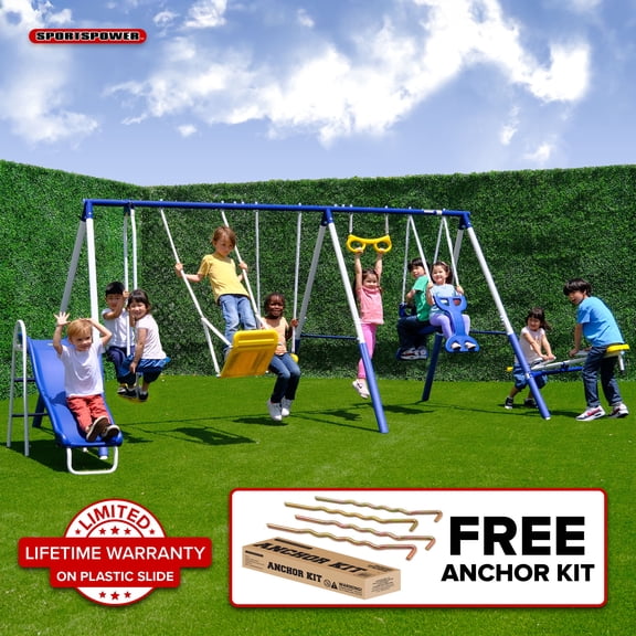 Open Box Sportspower Super 9 Metal Swing Set with Teeter-Totter, Glider, Roman Glider, Standing Swing, Trapeze, Blow-Molded Swing, 5 ft Slide, Anchor Kit, 6.1 ft Steel Frame