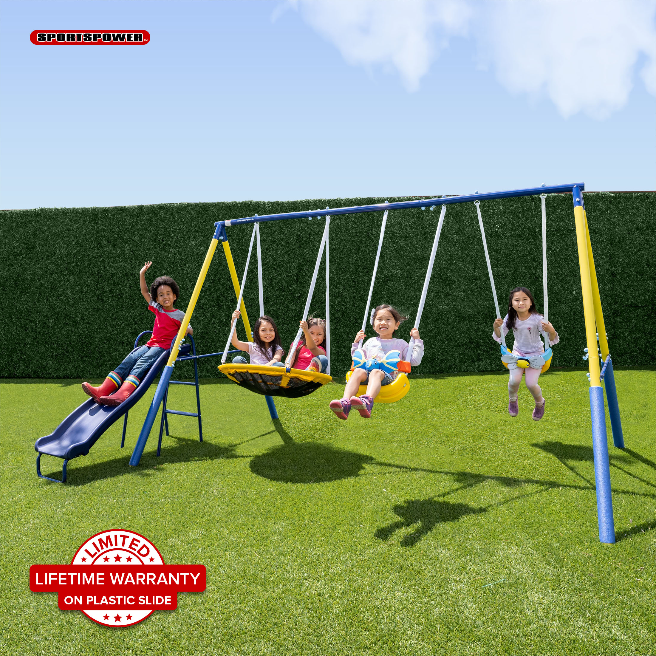 Sportspower Super Flyer Swing Set with 2 Flying Buddies, Saucer Swing, 2 Swings, and Lifetime Warranty on Blow Molded Slide - image 1 of 14