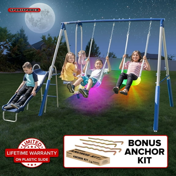 Sportspower Super Lights Metal Swing Set with LED Swings, 2 Person Glider, 5' Slide with Lifetime Warranty, and Bonus Anchor Kit, Great for Kids 3-8