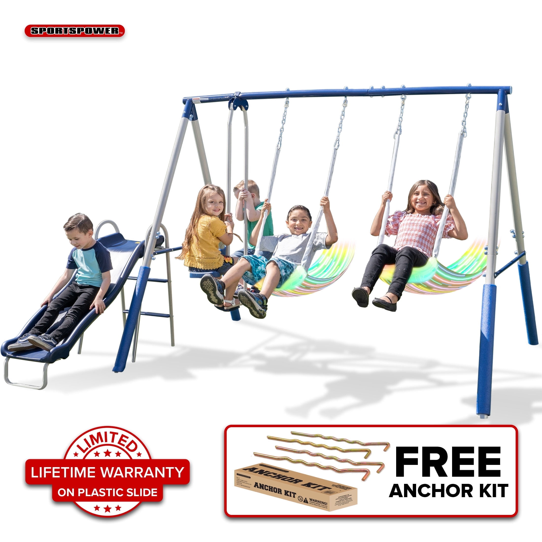 Walmart sales :  Walmart Black Friday Deals 2025 Sportspower Kids Backyard Playground Swing Set with Super Lights, LED Seats, 2-Person Glider & 5' Slide