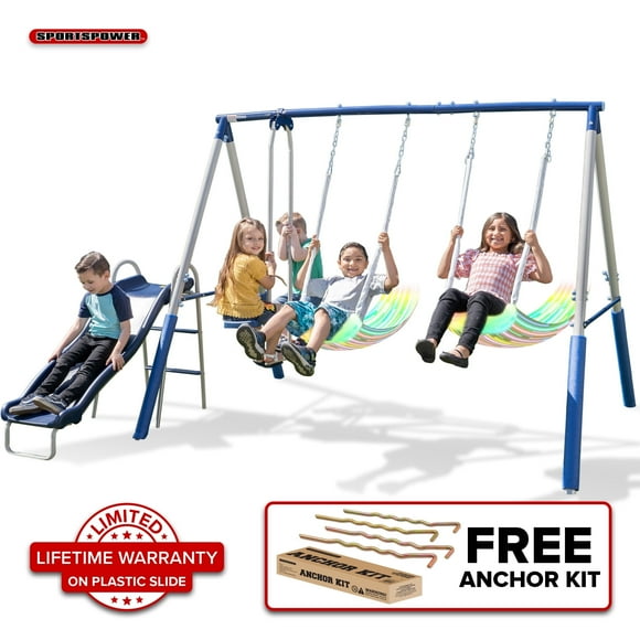 Sportspower Super Lights Metal Swing Set with LED Swing Seats, 2 Person Glider, 5' Slide with Lifetime Warranty, and Bonus Anchor Kit, Great for Kids 3-8