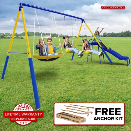 Sportspower Super Saucer II Metal Swing Set with 2 Swings, 2-Person Saucer Swing, & 5FT Slide, for Kids Aged 3-8, BONUS Anchor Kit