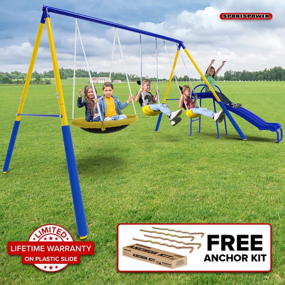 Sportspower Super Saucer II Metal Swing Set with 2 Swings, 2-Person Saucer Swing, & 5FT Slide, for Kids Aged 3-8, BONUS Anchor Kit