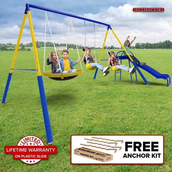 Sportspower Super Saucer II Metal Swing Set with 2 Swings, 2-Person Saucer Swing, & 5FT Slide, for Kids Aged 3-8, BONUS Anchor Kit
