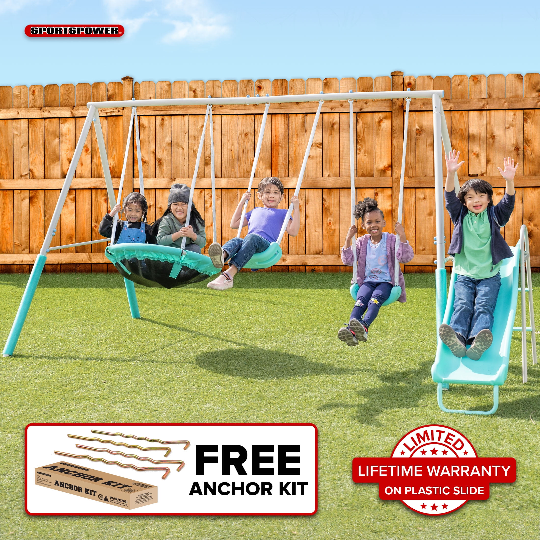 Sportspower Super Saucer Metal Swing Set with Slide and 2 Swings