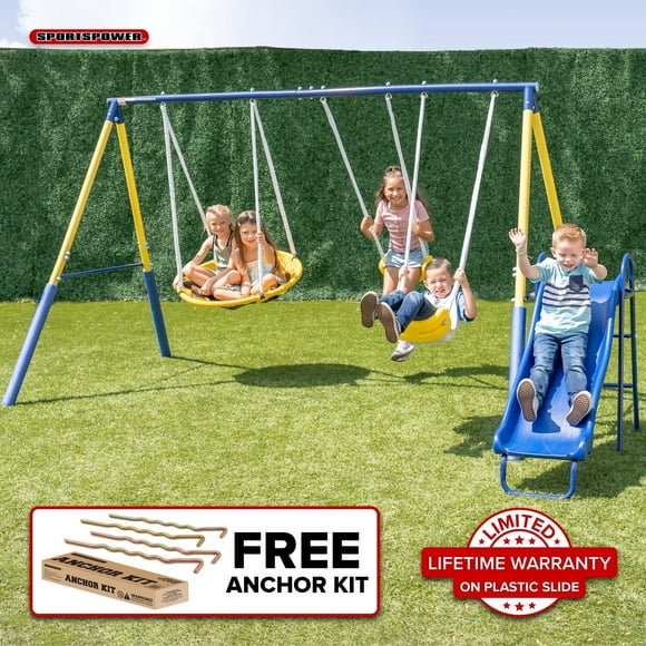 Sportspower Super Saucer Metal Swing Set with 2 Swings, Saucer Swing and 1-Piece Heavy Duty Slide, Great for Kids Aged 3-8