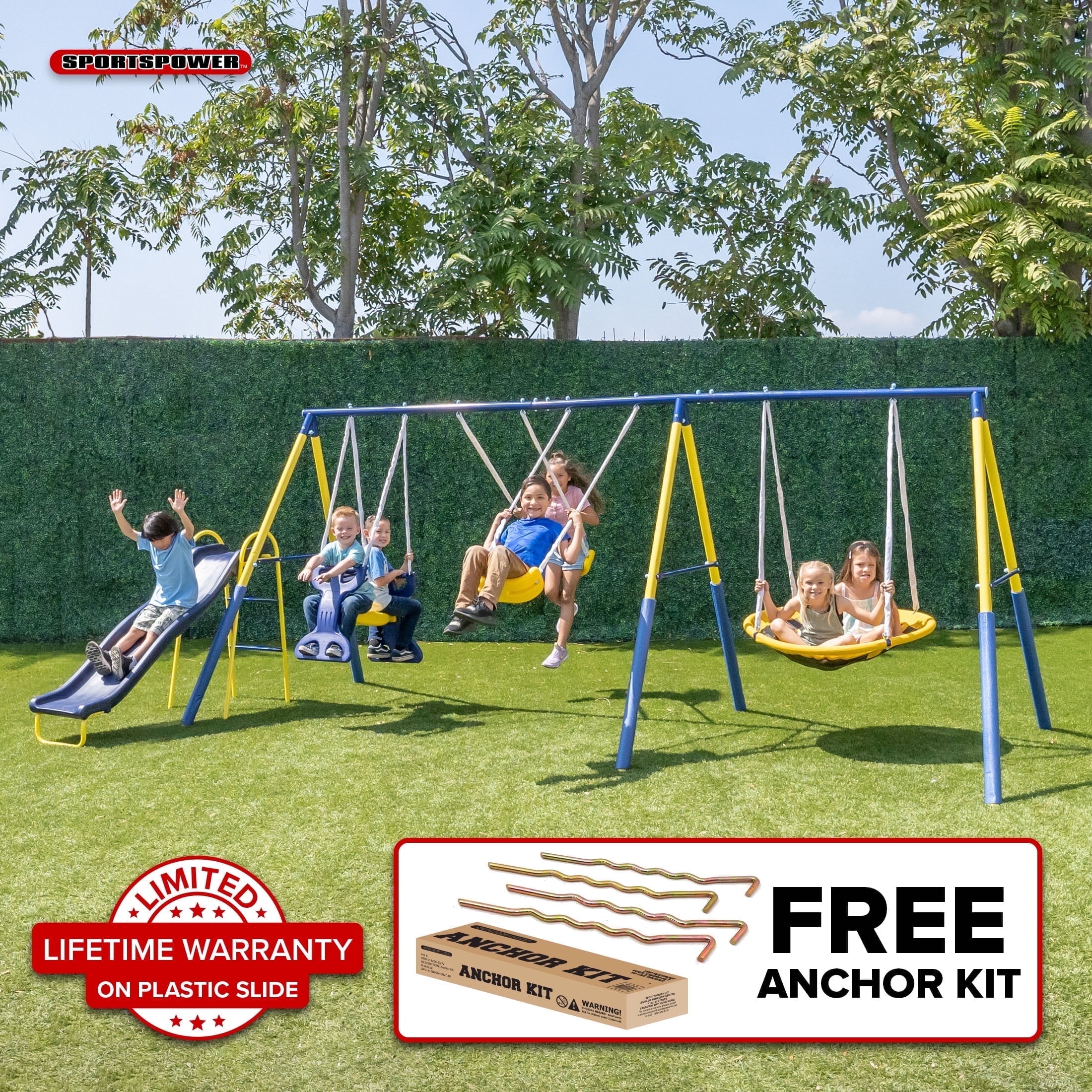 Sportspower Super Star Metal Swing Set with Saucer Swing, Glider Swing, Lifetime Warranty on Slide & Bonus Anchor Kit, Great for Kids 3-8