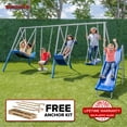 thumbnail image 1 of Sportspower Super Surfer Metal Swing Set with Surfboard Swing, Skyflyer Swing, Standing Swing, Lifetime Warranty on Blow-Molded Slide, and Bonus Anchor Kit, 1 of 9