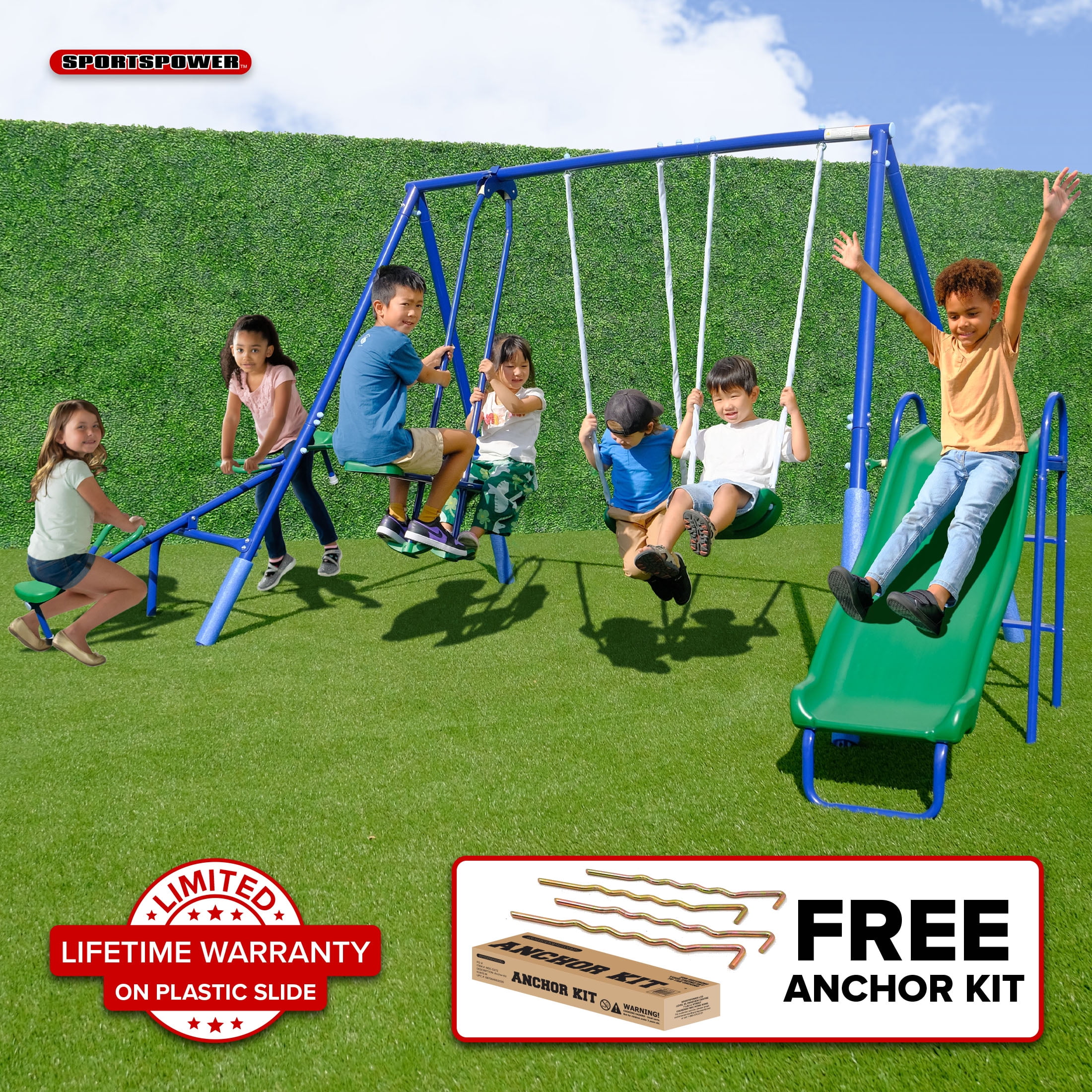 Sportspower Super Swing and Glide Metal Swing Set with 2 Person Glider Swing, Teeter Totter, 2 Blow Molded Swing Seats, 5' Double Wall Slide with Lifetime Warranty, and Bonus Anchor Kit