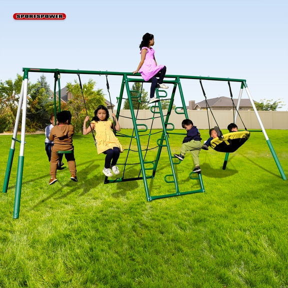Sportspower Swing Climb & Glide Metal Swing Set 6 in 1 with Heavy-Duty A-Frame, Belt Swing, Glider, Saucer, Climbing & Net Ladders, for Ages 3-8