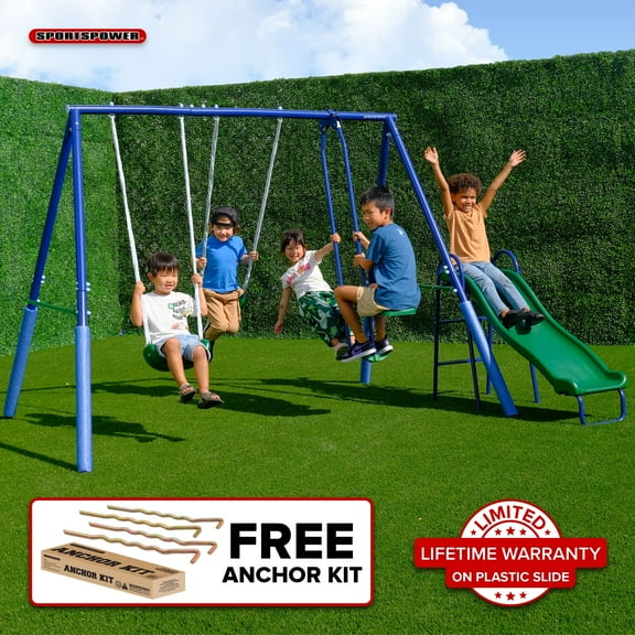 Sportspower Swingin Fun and Slide Metal Swing Set with 2 Person Glider Swing, 2 Swing Seats, 5' Double Wall Slide with Lifetime Warranty, and Bonus Anchor Kit
