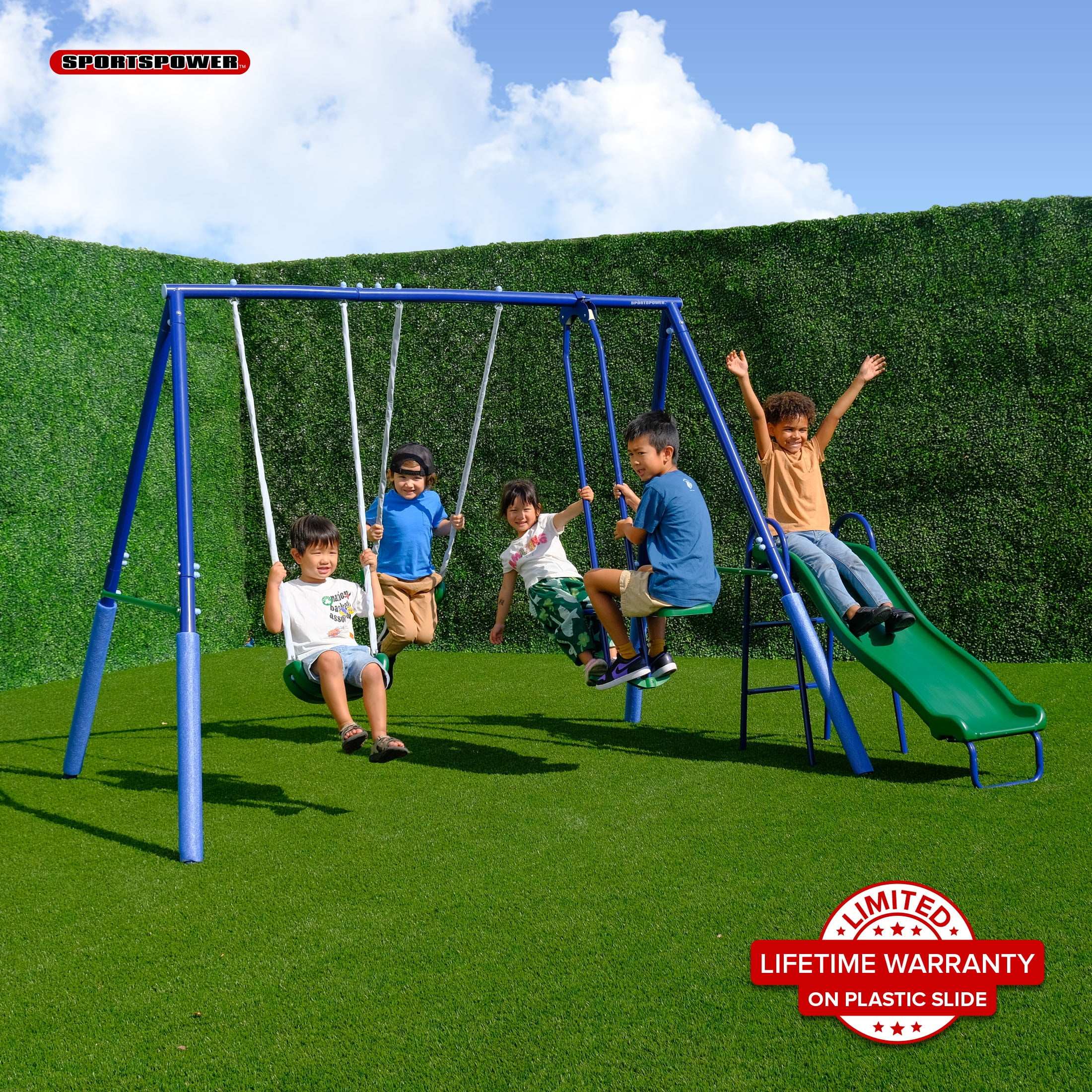 Sportspower Swingin Fun and Slide Metal Swing Set with 2 Person Glider Swing, 2 Swing Seats, and 5' Double Wall Slide with Lifetime Warranty
