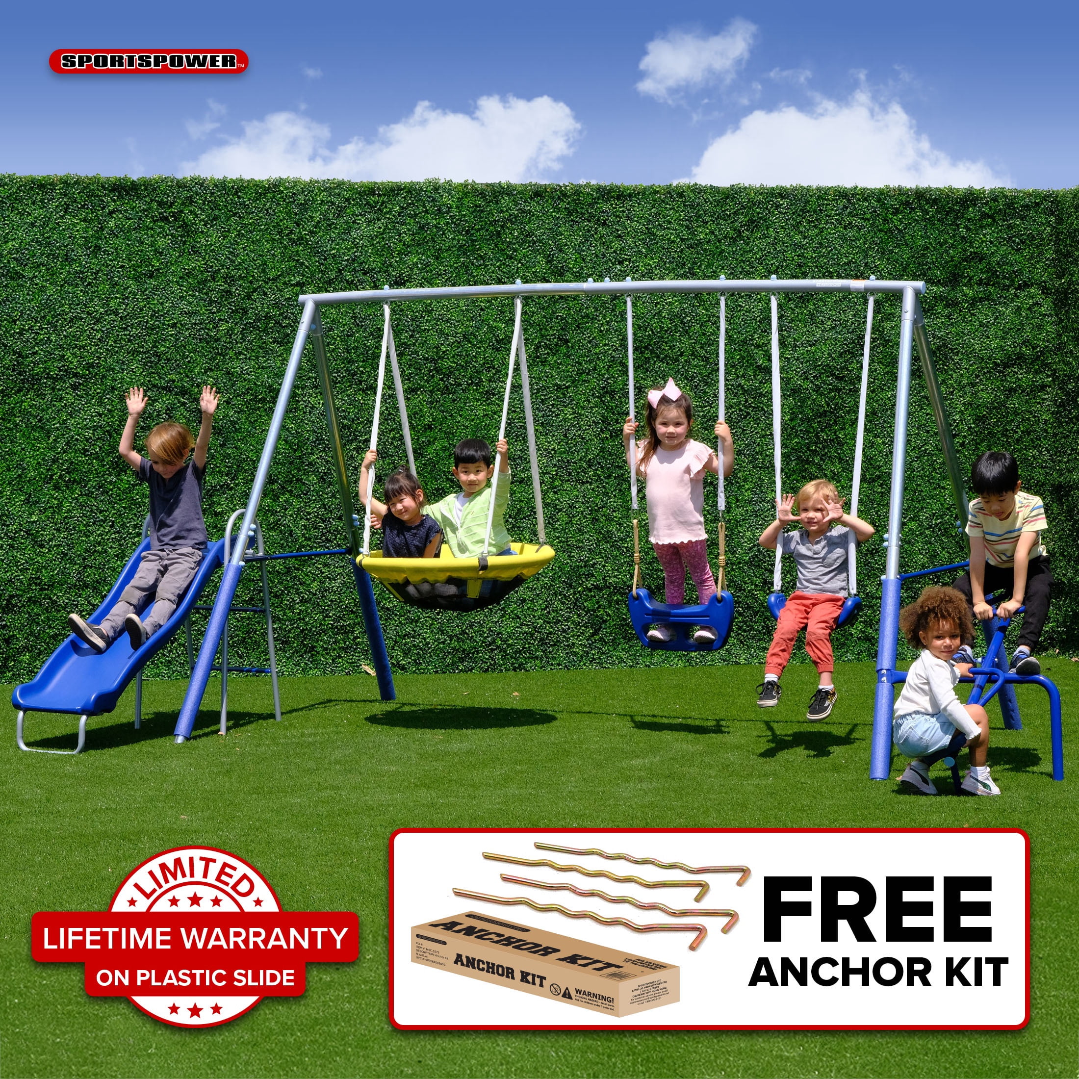 Sportspower Taylor Galvanized Metal Swing Set with Blow Molded Swing, Standing Swing, Teeter Totter, 32 in Saucer Swing, 5ft Slide with Lifetime Warranty, BONUS Anchor Kit, 6.1ft Steel Frame