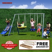 Sportspower Taylor Galvanized Metal Swing Set with Blow Molded Swing, Standing Swing, Teeter Totter, 32 in Saucer Swing, 5ft Slide , BONUS Anchor Kit, 6.1ft Steel Frame
