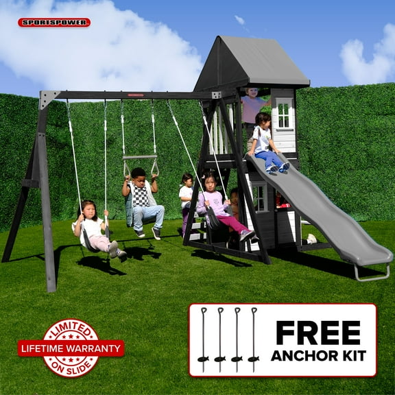 Sportspower Timber Trails Wooden Swing Set with Slide, Belt Swings, Trapeze Play Fort with Play Kitchen, Bench, & Rock Climber Ladder, 8-in-1 Outdoor Playset for Kids Age 3 to 8