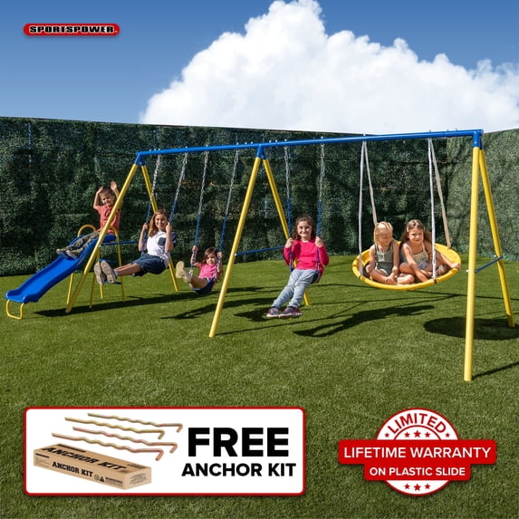 Sportspower Triple Swing & Saucer Outdoor Playset, 3 Sling Swings, Saucer Swing, 5 ft Slide, Anchor Kit, Ages 3–8, 7.55 x 17.06 x 6.07 FT