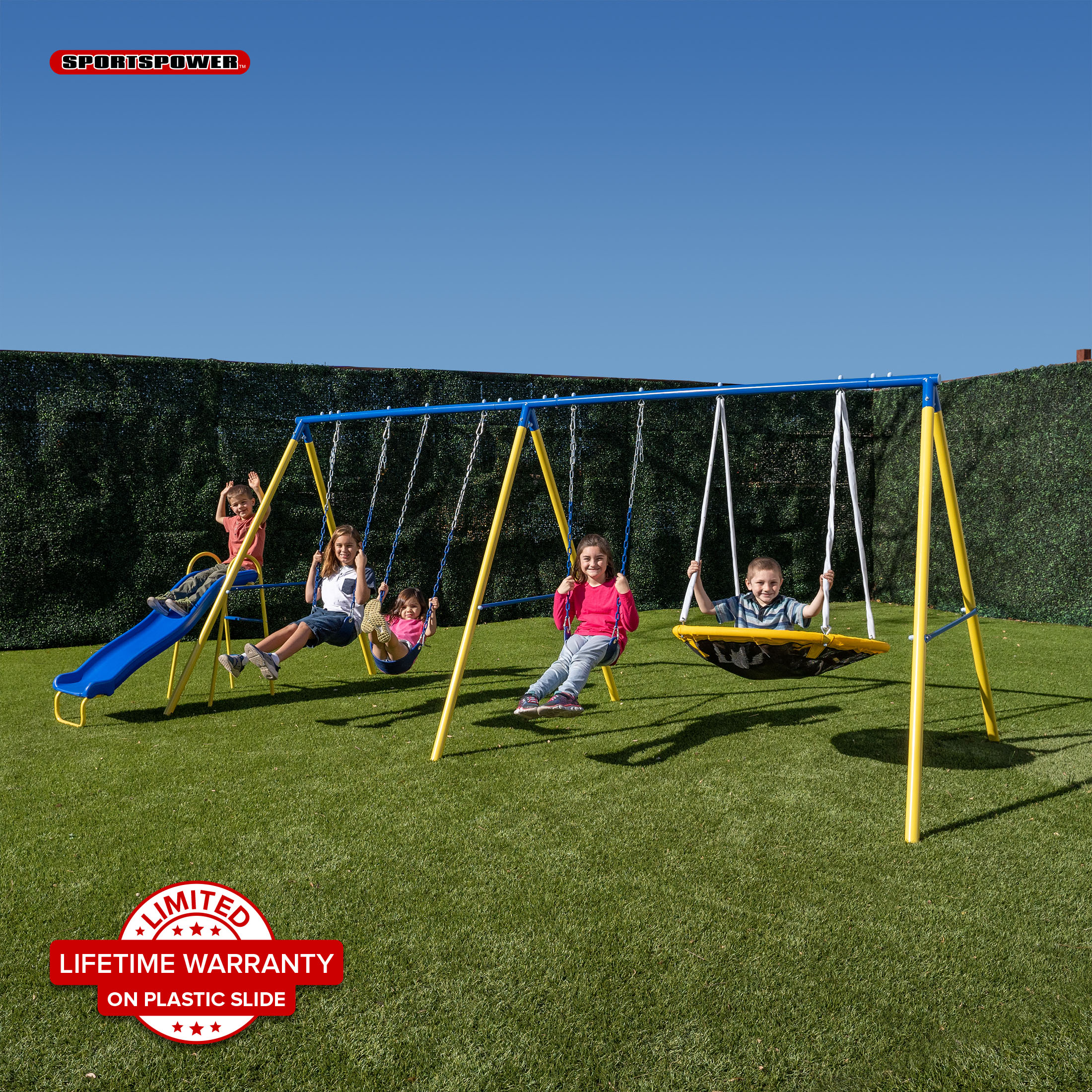 Sportspower Triple Swing & Saucer Metal Swing Set with Saucer Swing, 3 Adjustable Swings, & 5' Double Wall Slide with Lifetime Warranty - image 1 of 9