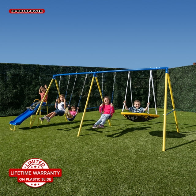 Sportspower Triple Swing & Saucer Metal Swing Set with Saucer Swing, 3 Adjustable Swings, & 5' Double Wall Slide with Lifetime Warranty