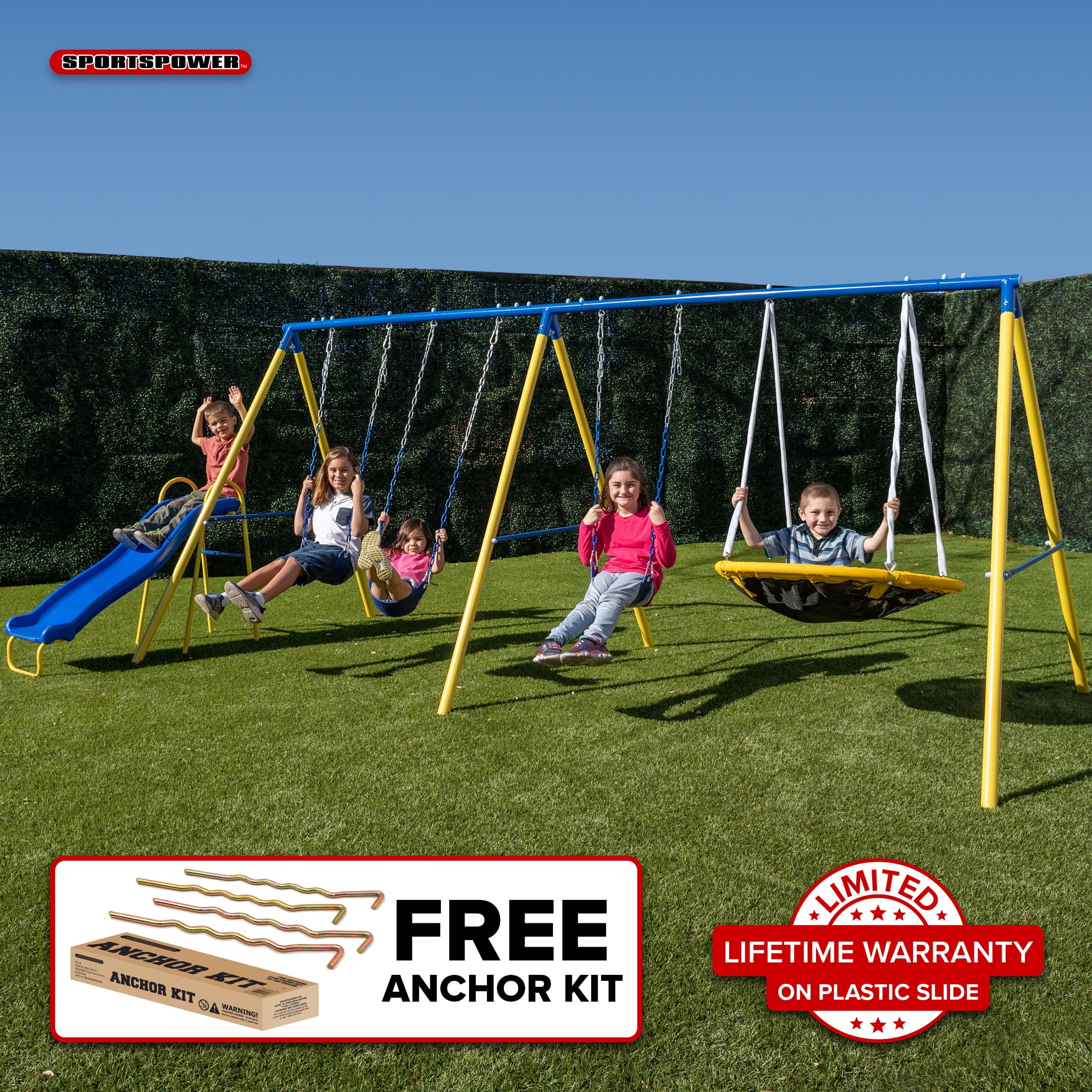 Sportspower Blue and Yellow Metal Swing Set with Slide