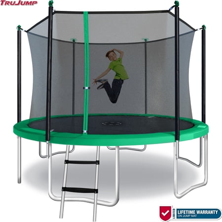Sportspower TruJump 12ft Trampoline with Safety Enclosure, Jump Mat with Lifetime Warranty, & Ladder (Green), ASTM