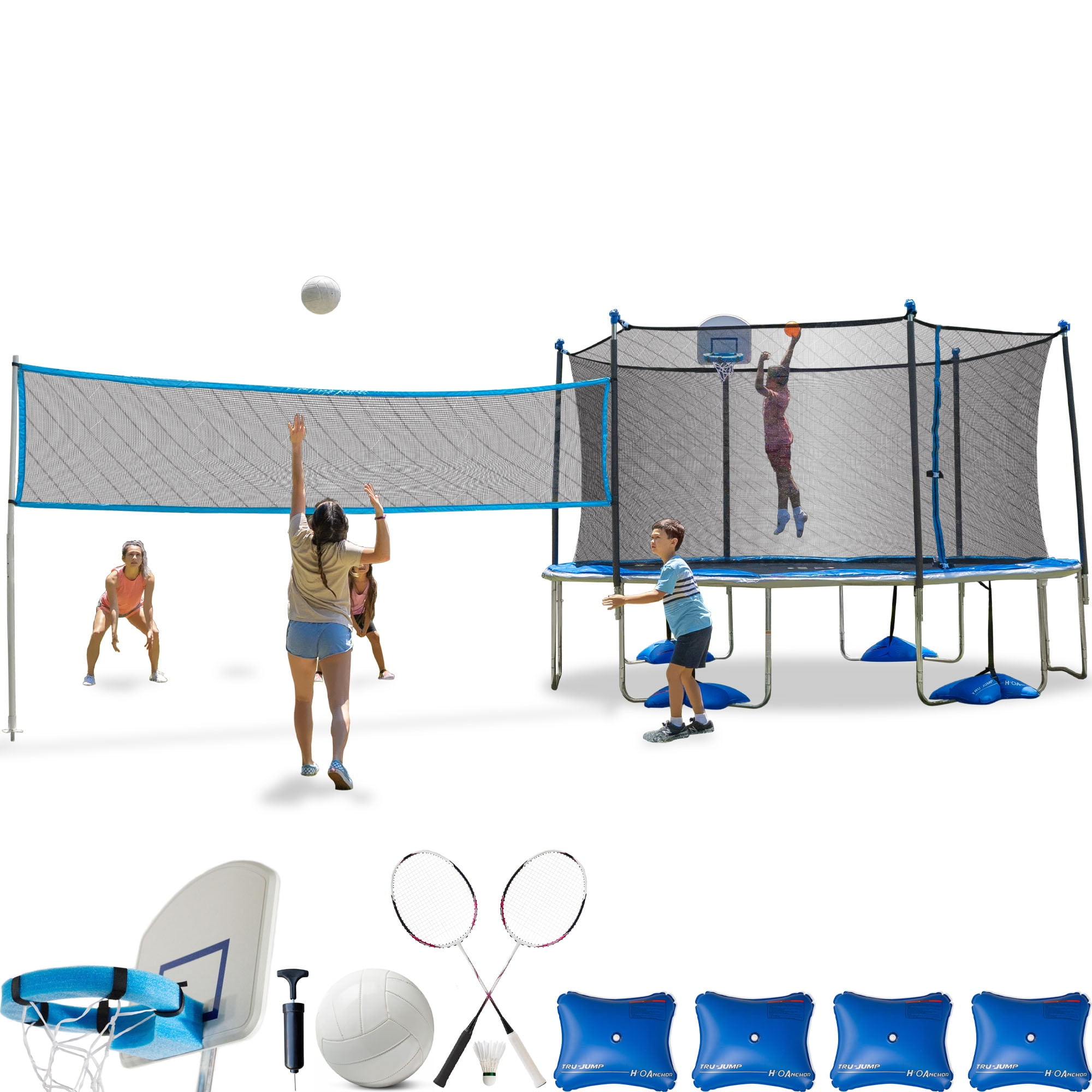 TRU-JUMP Sportspower TruJump 14' All-in-One Trampoline with Water Anchors, Dunk Zone Basketball Hoop System, and Badminton & Volleyball Net