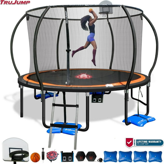 Sportspower TruJump PRO MULTIPLAY Trampoline 12FT with Curved Poles, Basketball Hoop, Ladder, Safety Enclosure Net, Electron Shooter, Water Anchors, Flash Litezone and Phone Pouch