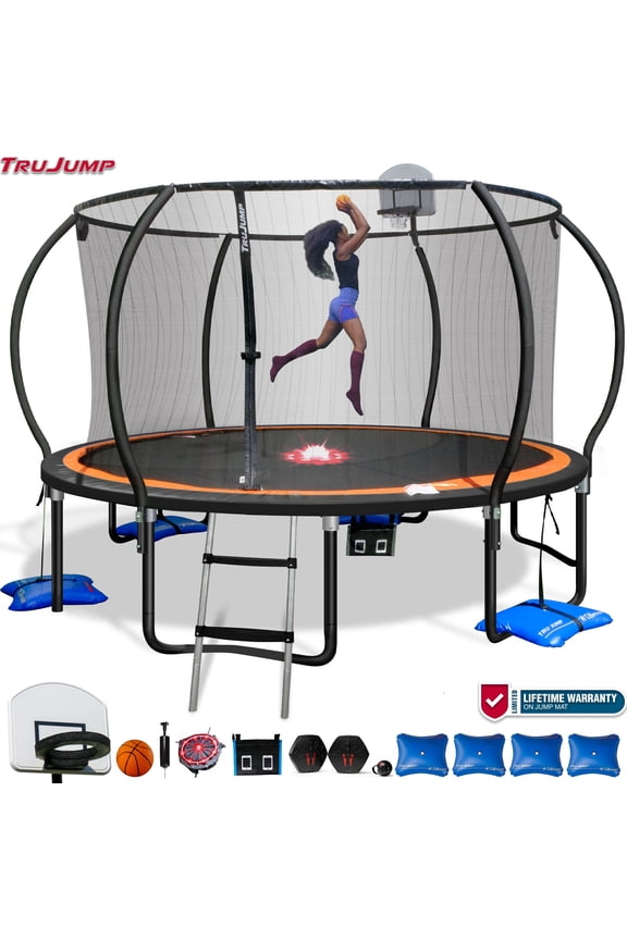 MULTIPLAY Trampoline 14FT with Curved Pole Enclosure, SafeDunk Basketball System, LED Shooter Game, Water Anchors, Flashing Light Mat, and Phone Pouch, ASTM