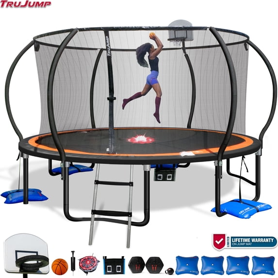 TruJump PRO MULTIPLAY Trampoline 15FT with Curved Pole Enclosure, SafeDunk Basketball System, LED Shooter Game, Water Anchors, Flashing Light Mat, and Phone Pouch, ASTM