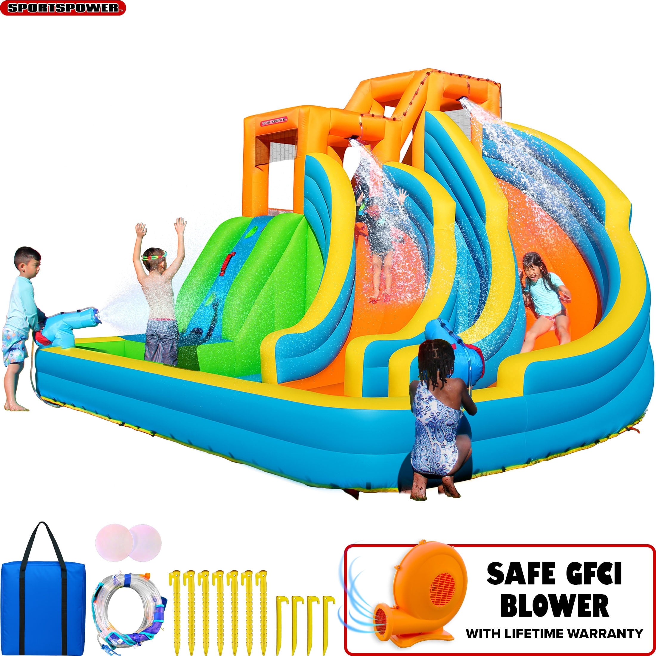 Sportspower Twin Peaks Inflatable Water Slide with Splash Pool and Blower, Kids Backyard Outdoor Play Bounce House Water Park, GFCI Plug, Ages 3–8