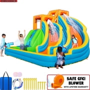 Sportspower Twin Peaks Inflatable Water Slide with Splash Pool and Blower, Kids Backyard Outdoor Play Bounce House Water Park, GFCI Plug, Ages 3 8